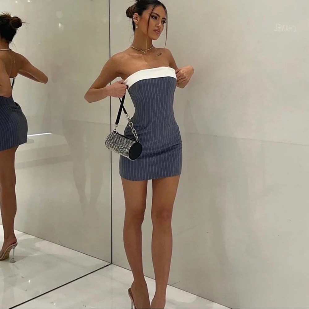 With Jean Chloe Pen-stripe corset strapless mini dress in pin me